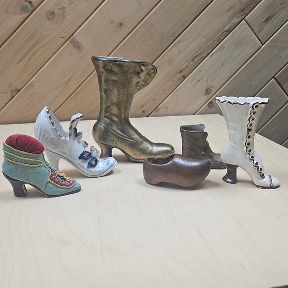 Lot Collectible  Boot Shoe Vintage  Miniature Brass Ceramic Wood Pin Cushion - Picture 3 of 7